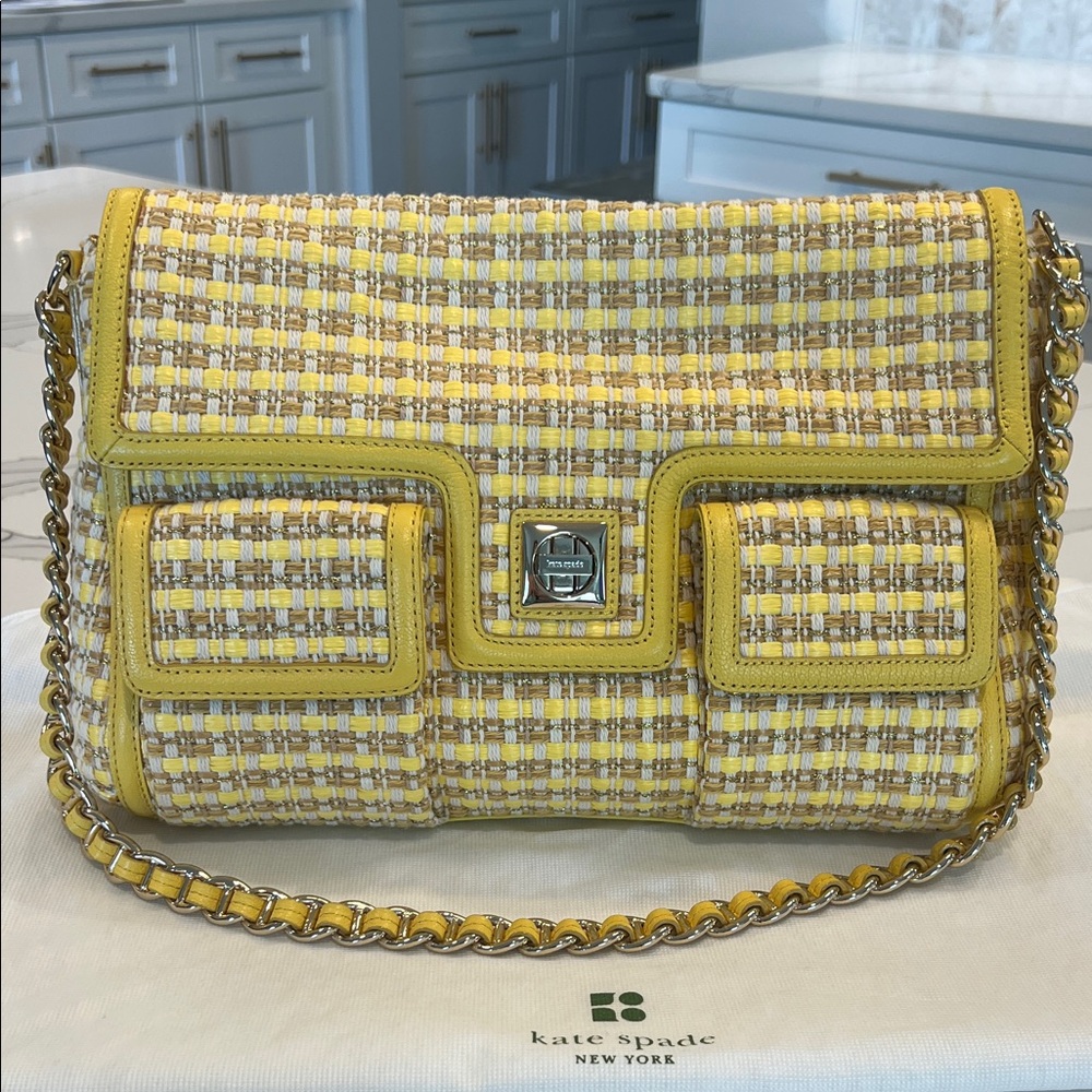 EUC Kate Spade Yellow Tweed and Leather Flap bag with Chain Strap